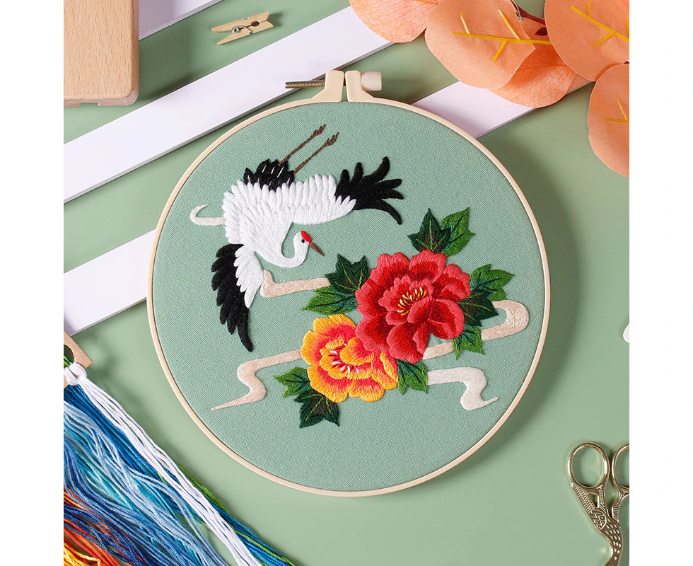 DIY Handmade Embroidery Material Bag Original New Style Cloud Heart Crane Dance Fairy Crane Auspicious Cloud Pine and Cypress Peony Lotus Flower 01