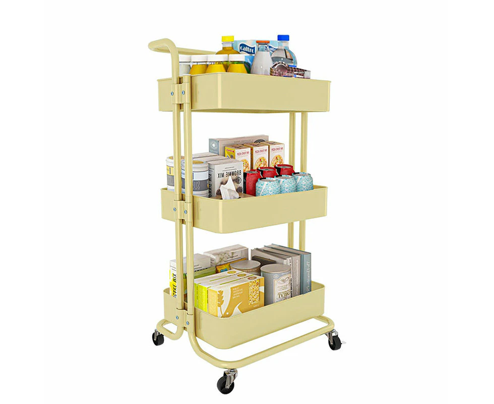 Toscano 3-Tier Metal Rolling Cart with Wheels Snacks Storage for Kitchen-Beige