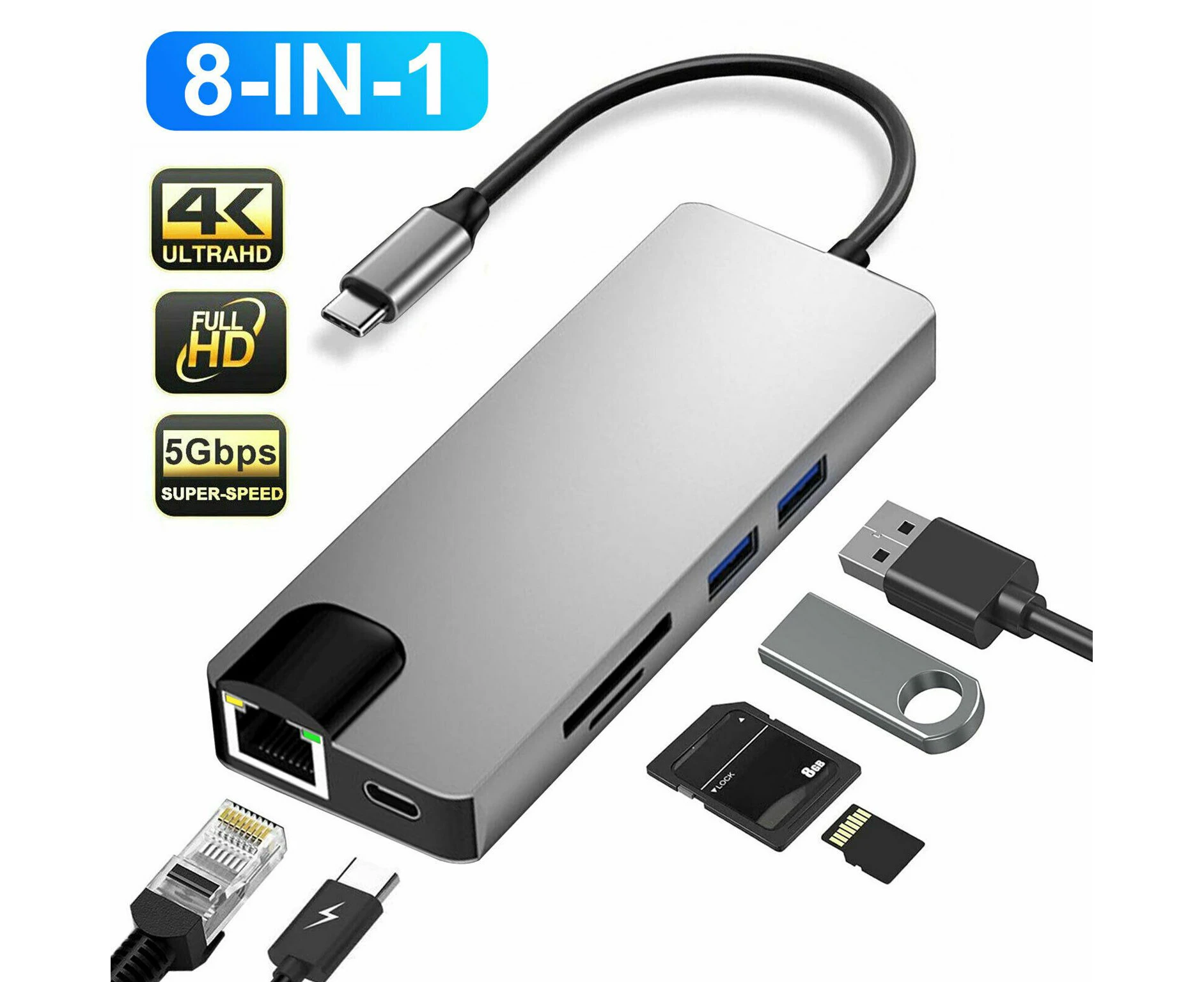 8 in 1 Multiport Type C To 4K HDMI Adapter USB 3.0 Cable Type C To HDMI USB Hub Adapter for Macbook Pro/Air