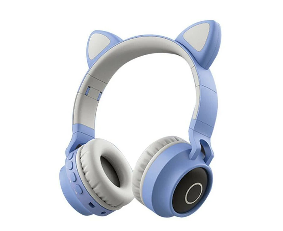 Kids Wireless Headphones, Cat Ears LED Lighting Wireless Foldable Headphones with Microphone, Stereo, FM Radio/TF Card, Headphones for Kids (Light Blue)