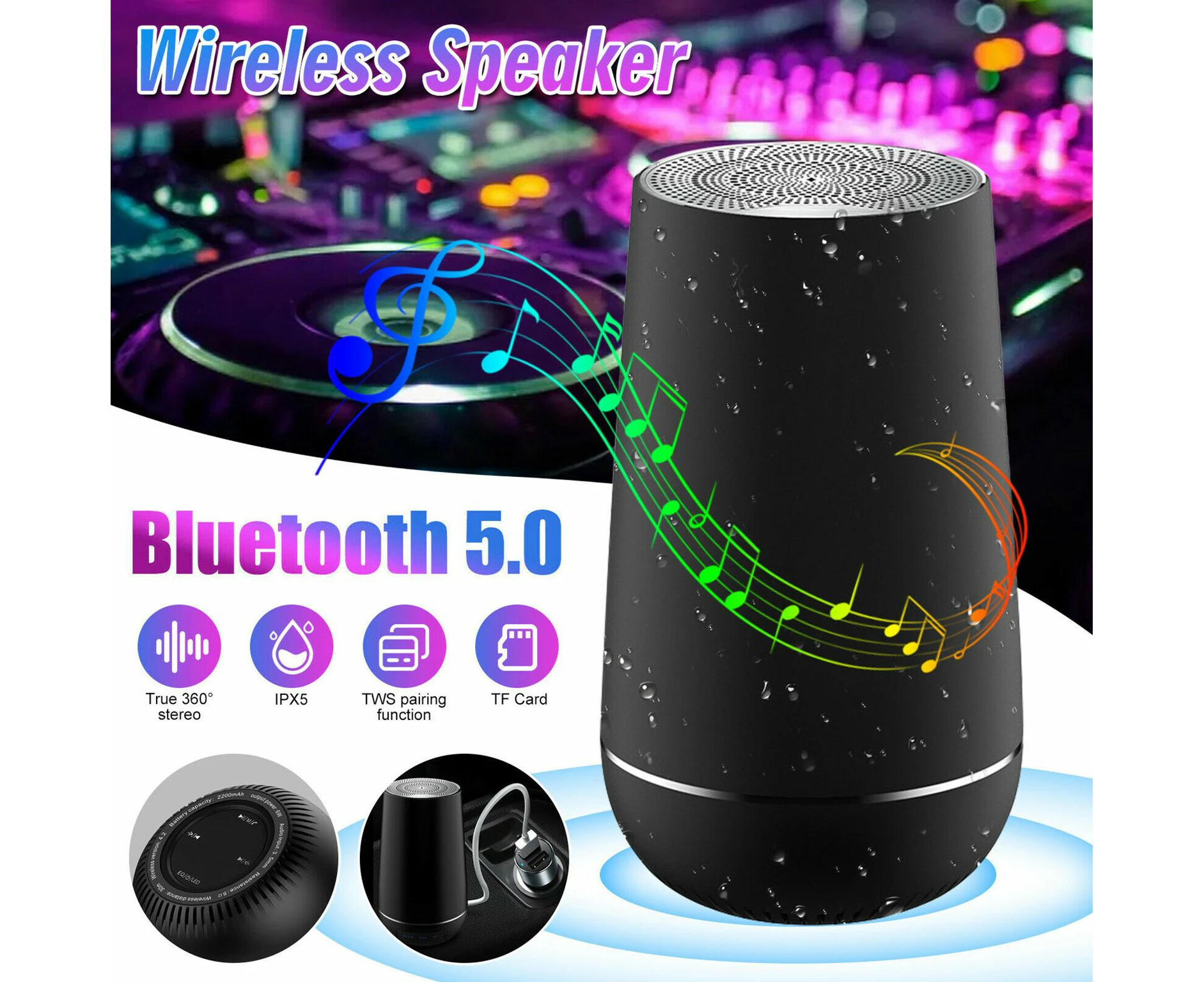 TWS Bluetooth Speaker Wireless Waterproof Outdoor Stereo USB/ TF/ FM Radio