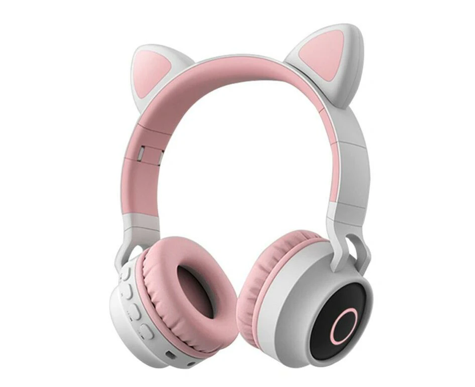 Kids Wireless Headphones, Cat Ears LED Lighting Wireless Foldable Headphones with Mic, Stereo, FM Radio/TF Card, Headphones for Kids (Grey)