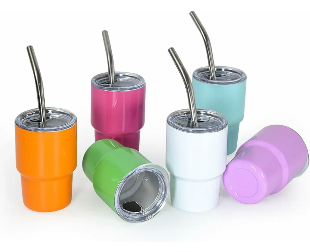 6 Pack 3 oz Mini Tumbler Shot Glass with Straw, Colored Stainless Steel Sublimation Tumblers Double Wall Vacuum Insulated Cups for Coffee, Cocktails