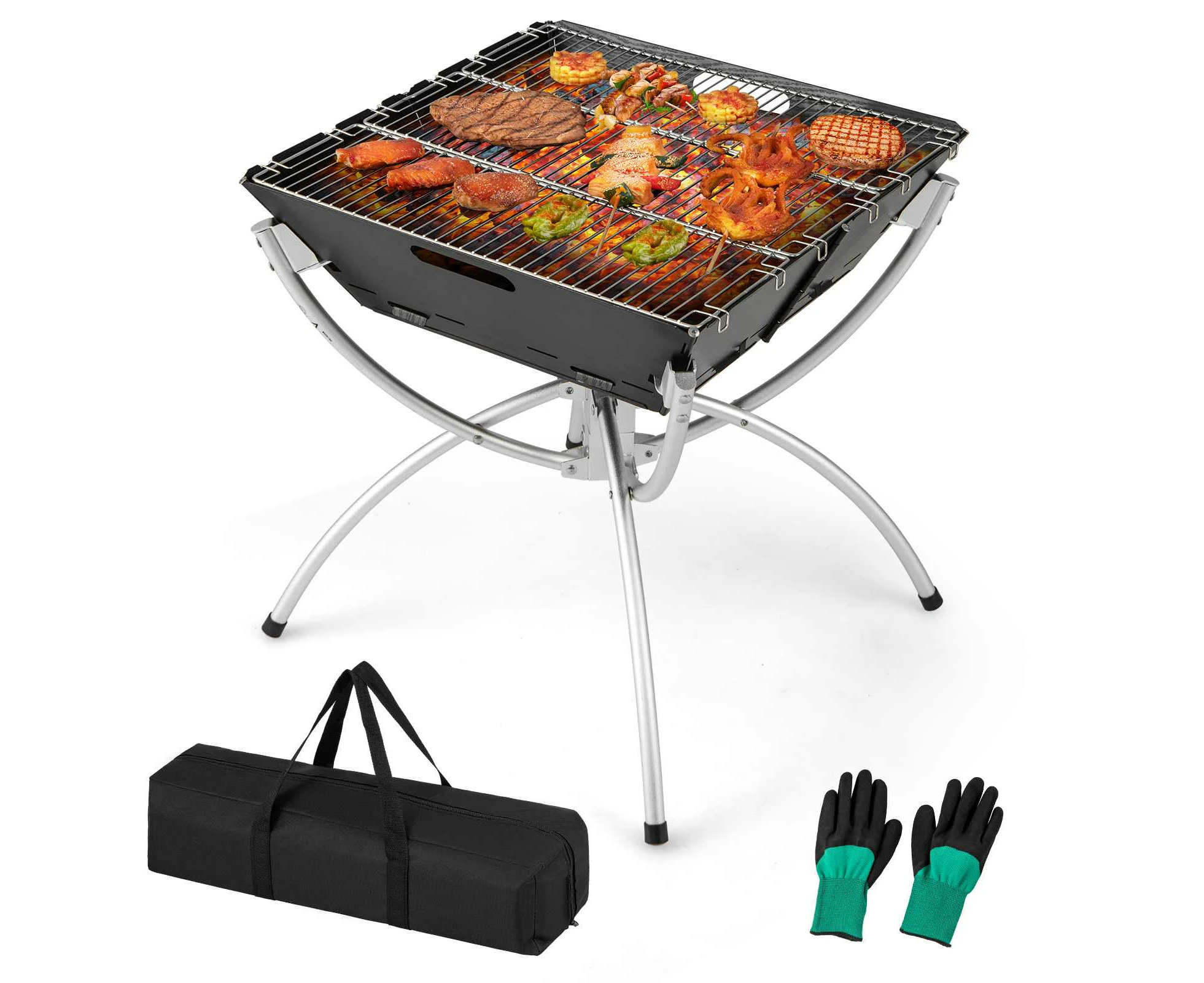 Costway 3-in-1 Outdoor Fire Pit Portable Campfire Grill Charcoal Wood Burning Stove w/Carry Bag & Gloves Outdoor Cooking