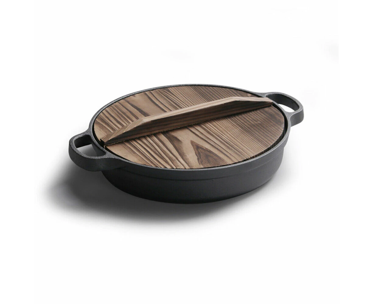 35cm Deep Frypan Steak Pot Cast Iron Frying Fry Pan Skillet With Wooden Lid