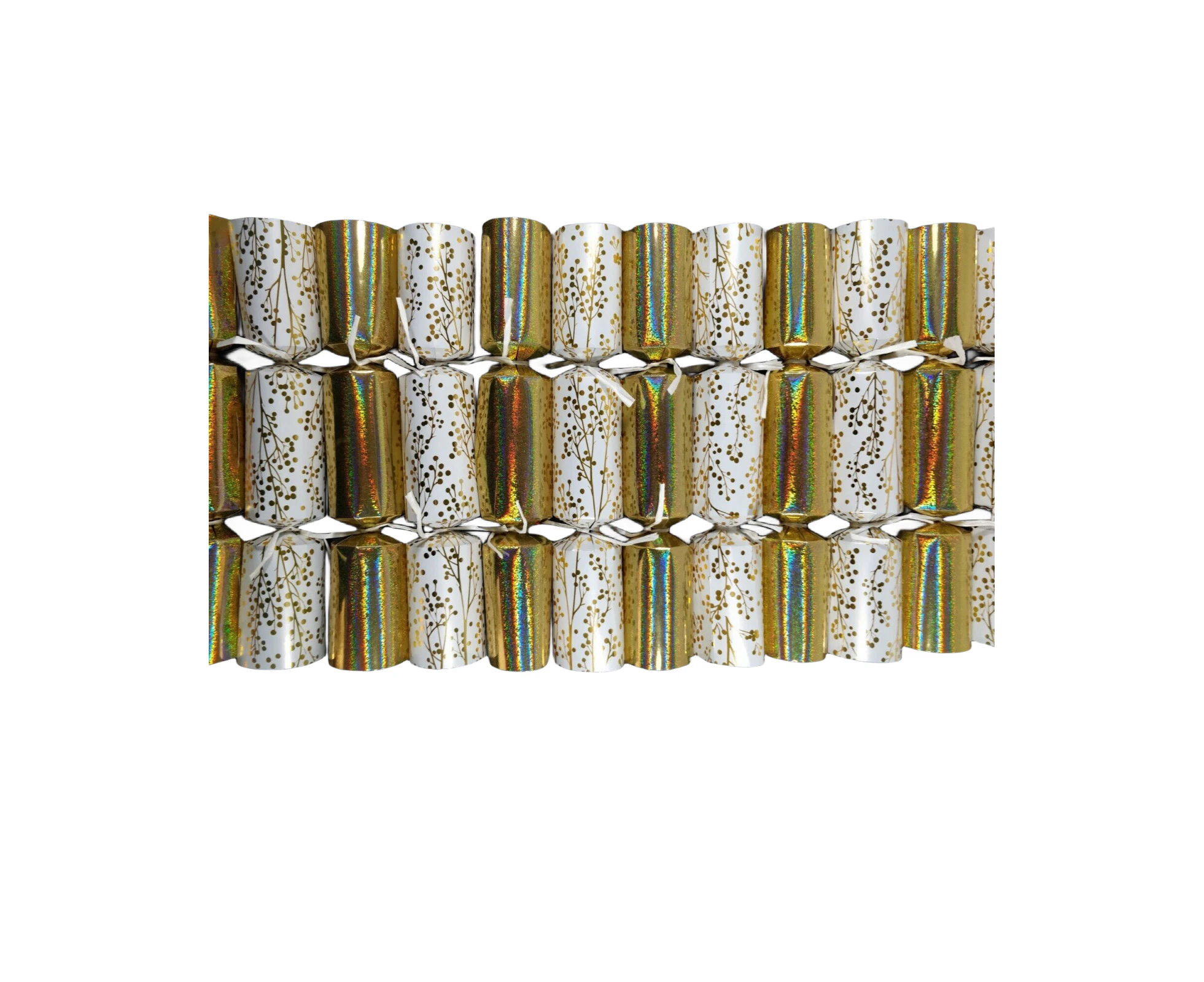 24 x Christmas Crackers Bon Bons 30cm Gold & White with Hat, Joke & Novelty