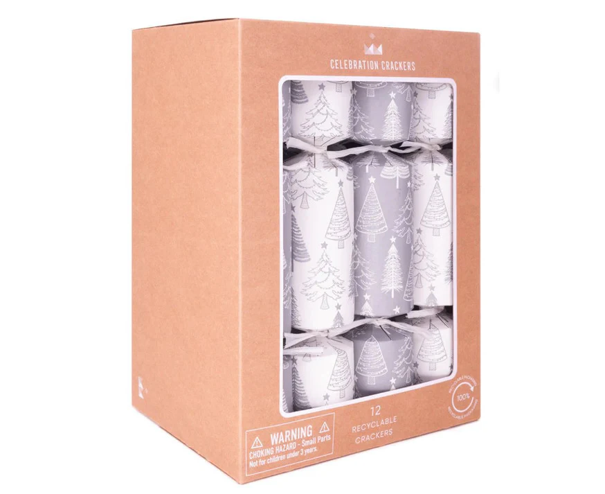 Silver Trees Kraft Christmas Crackers 12pk