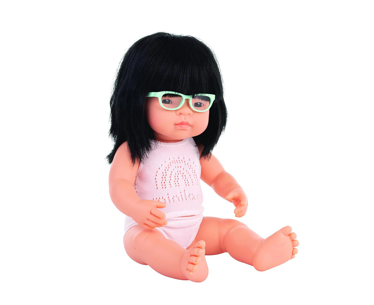 Miniland Baby Doll Asian Girl w/Glasses 38cm Lifelike Kids Pretend Play Toy 10m+