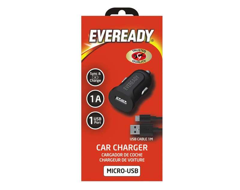 EVEREADY Car Charger Adaptor 1A Black Sync & Charge Micro USB 1m Cable