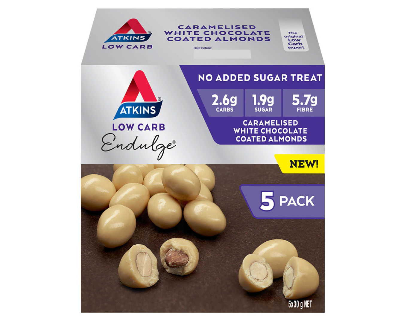 5 x Atkins Endulge Treat Coated Almonds Caramelised White Choc 30g