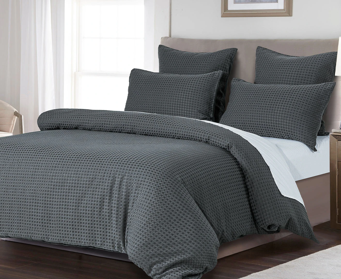 CleverPolly Premium Waffle Microfibre Quilt Cover Set - Dark Grey