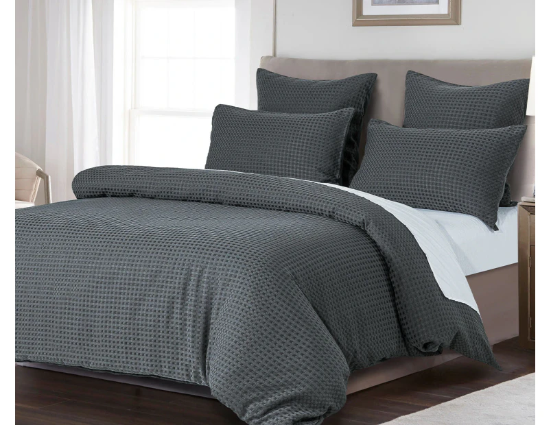 CleverPolly Premium Waffle Microfibre Quilt Cover Set - Dark Grey