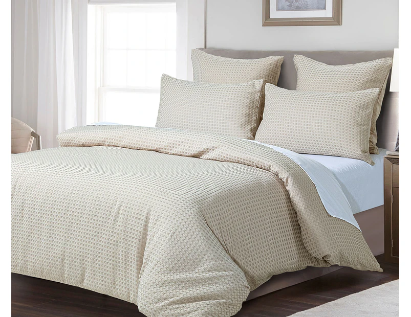 CleverPolly Premium Waffle Microfibre Single Bed Quilt Cover Set - Beige