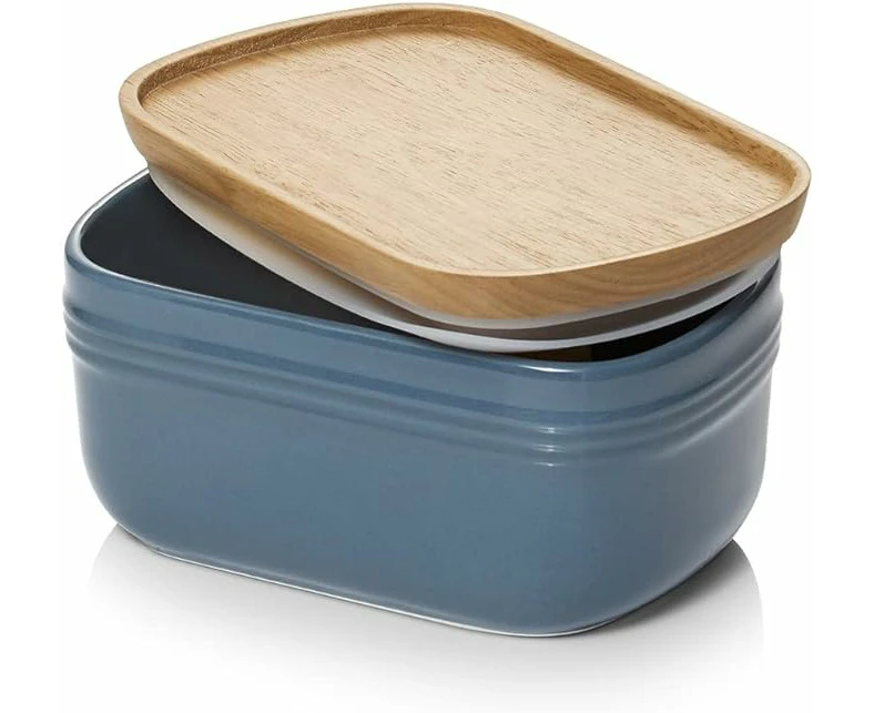 DOWAN Ceramic Butter Dish Large Butter Keeper with Wooden Lid, Airy Blue 17x10x8cm