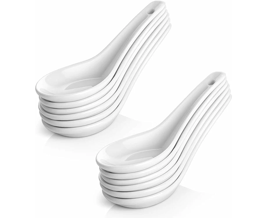 DOWAN 14 cm Asian Soup Spoons Set of 12 - White Ceramic Dessert Spoons