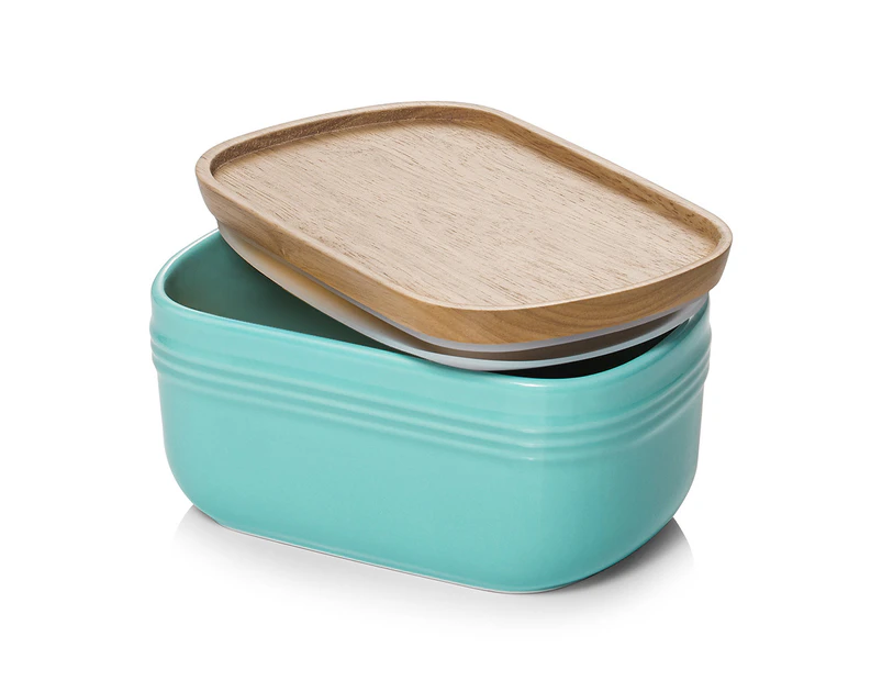 DOWAN Ceramic Butter Dish Large Butter Keeper with Wooden Lid, Turquoise 17x10x8cm