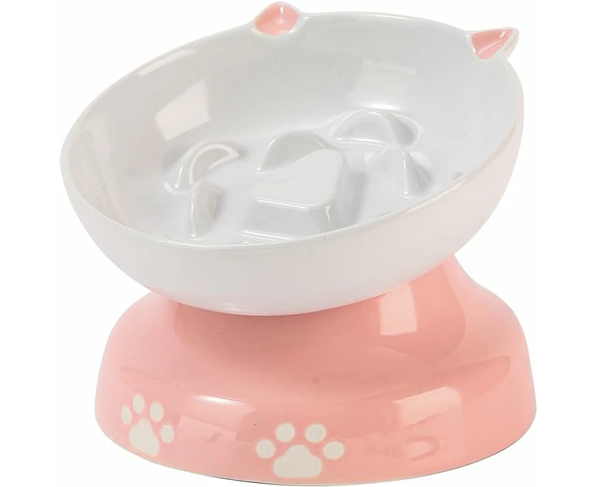 Y YHY Slow Feeder for Dog and Cat Tilted Elevated Cat Bowl, Pink & White