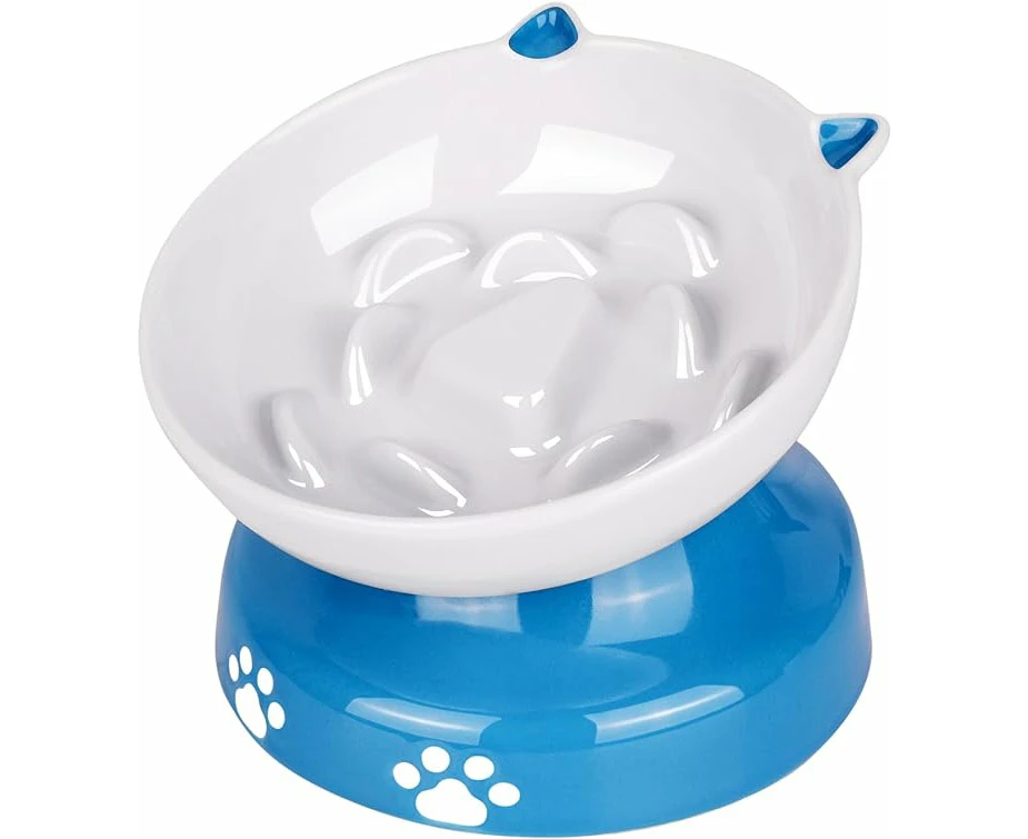 Y YHY Slow Feeder for Dog and Cat Tilted Elevated Cat Bowl, Blue & White