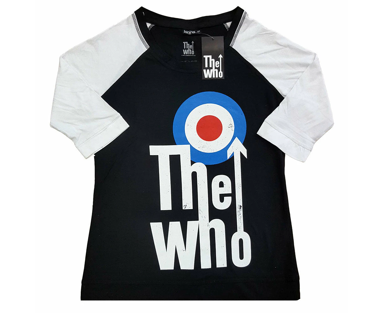 The Who T Shirt Elevated Target Band Logo Official Raglan 3/4 Sleeve Womens - Black