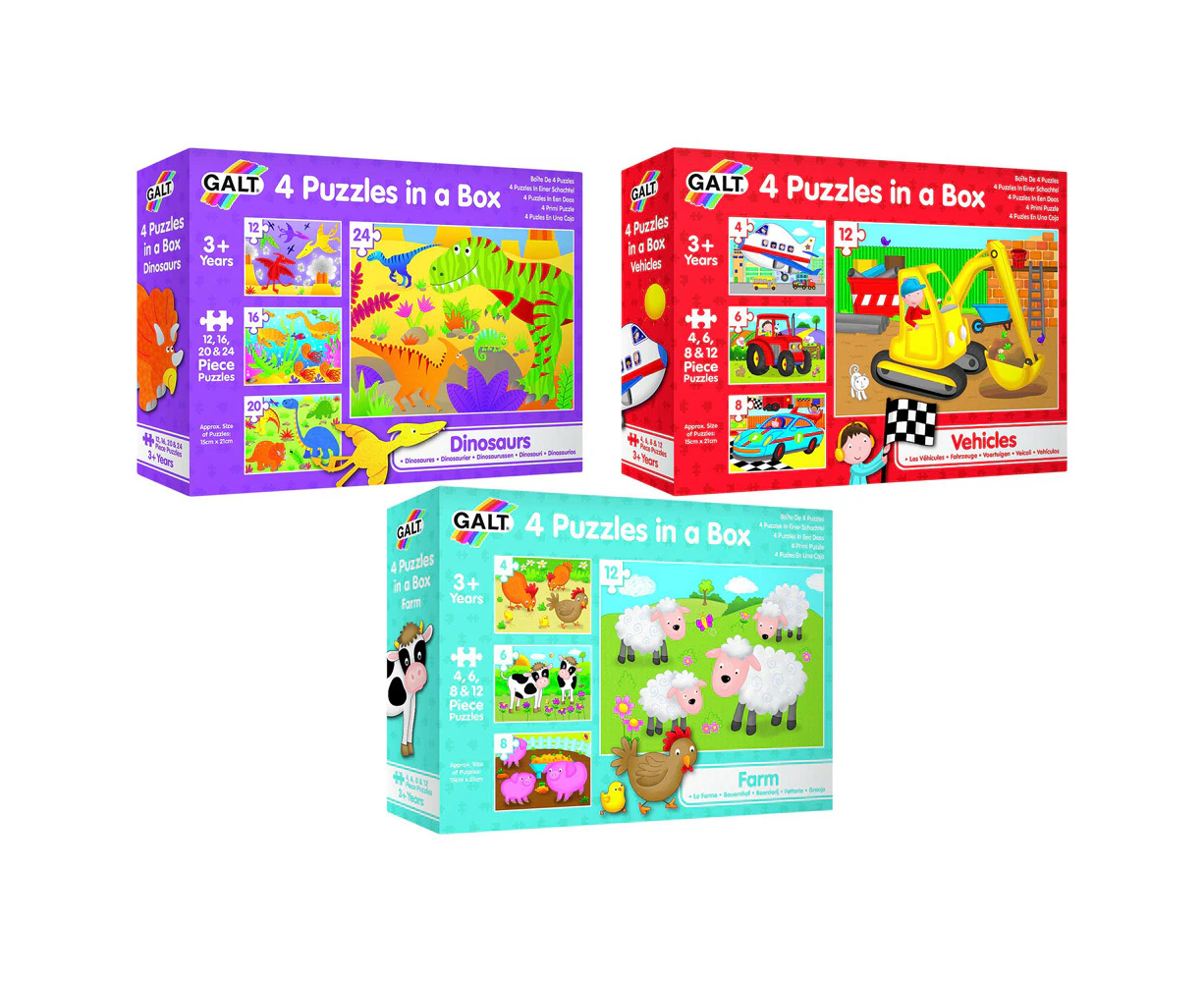 Galt 4 Puzzles In A Box Farm/Vehicles/Dinosaurs Kids/Childrens Toy 3y+