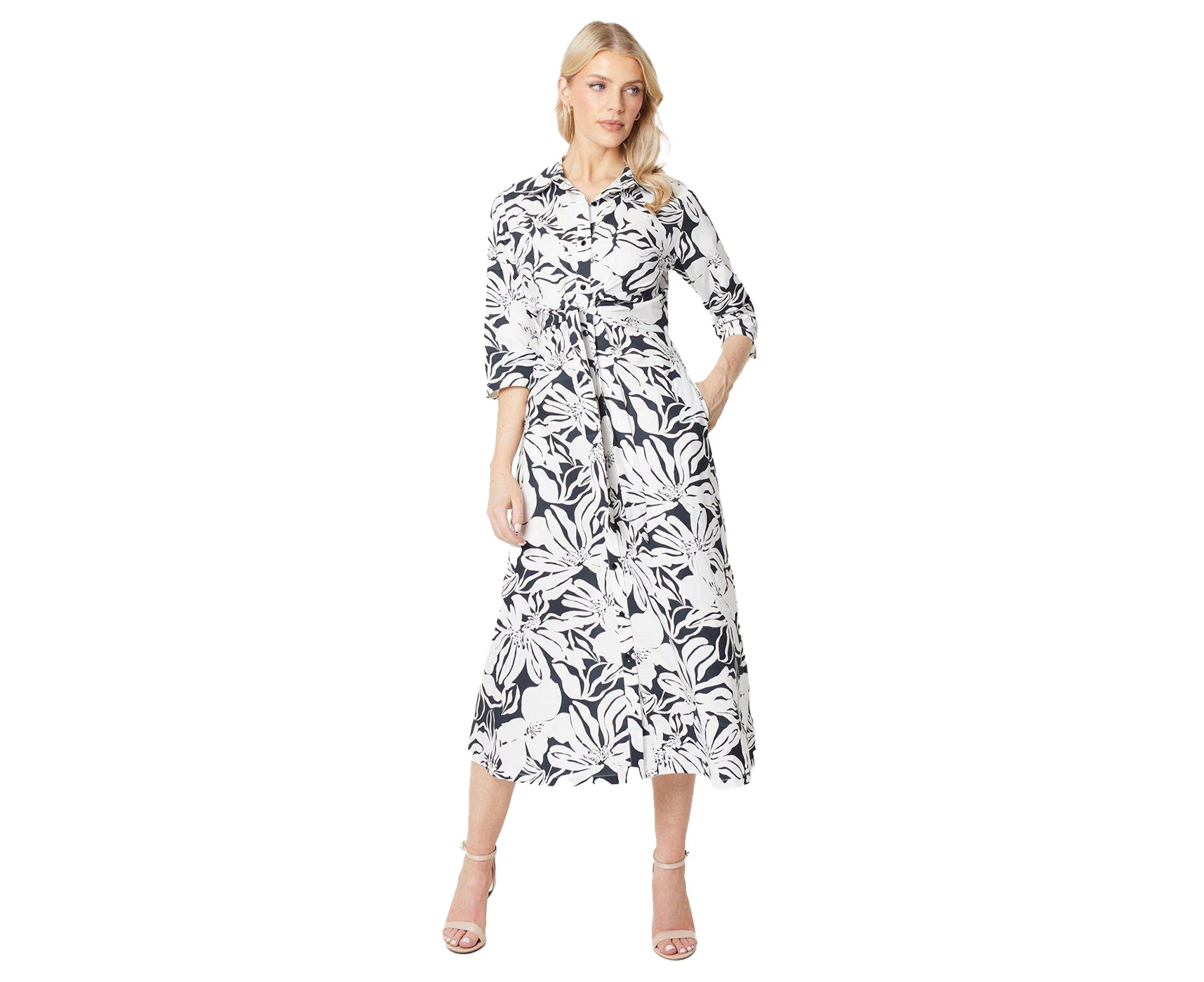 Principles Womens Floral Front Tie Midi Shirt Dress (Monochrome) - DH7357