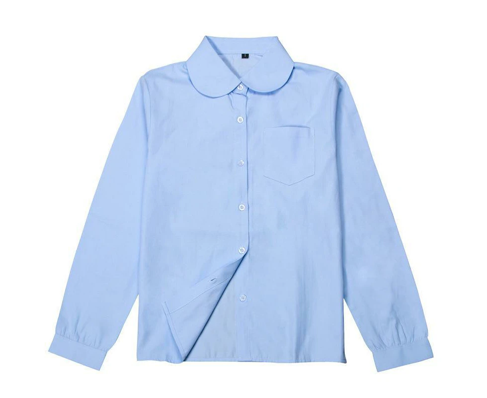 SKY BLUE Girls Peter Pan Collar Long Sleeve School Shirt with two button Adjustable Cuff