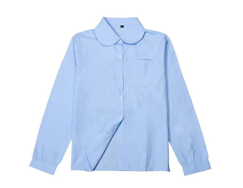 SKY BLUE Girls Peter Pan Collar Long Sleeve School Shirt with two button Adjustable Cuff