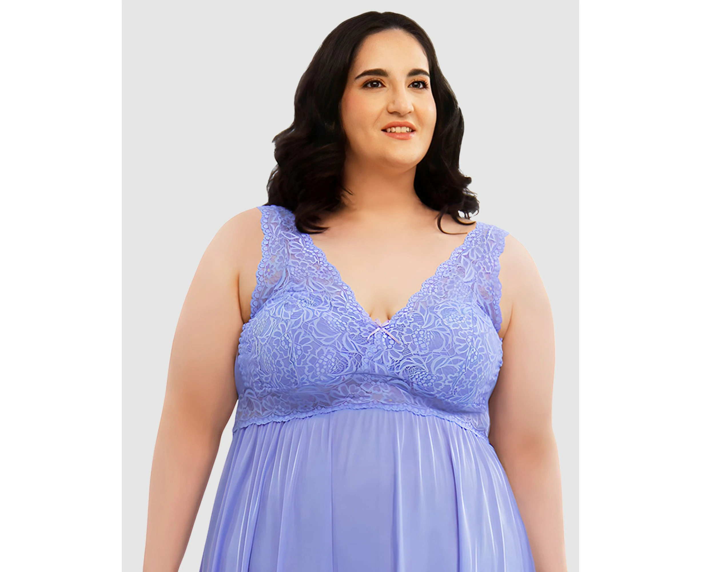 Exquisite Form Plus Size Long Sleeveless Lace & Nylon Nightgown in Victory Violet