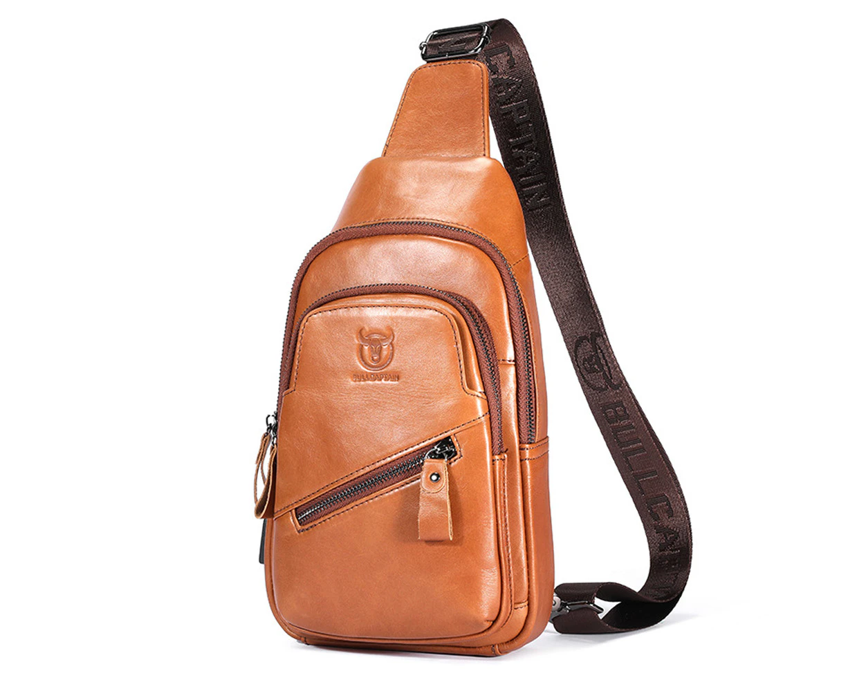 Genuine Leather Sling Bag Men  Shoulder Bag Multi-pocket Chest Bag with USB Charging Port