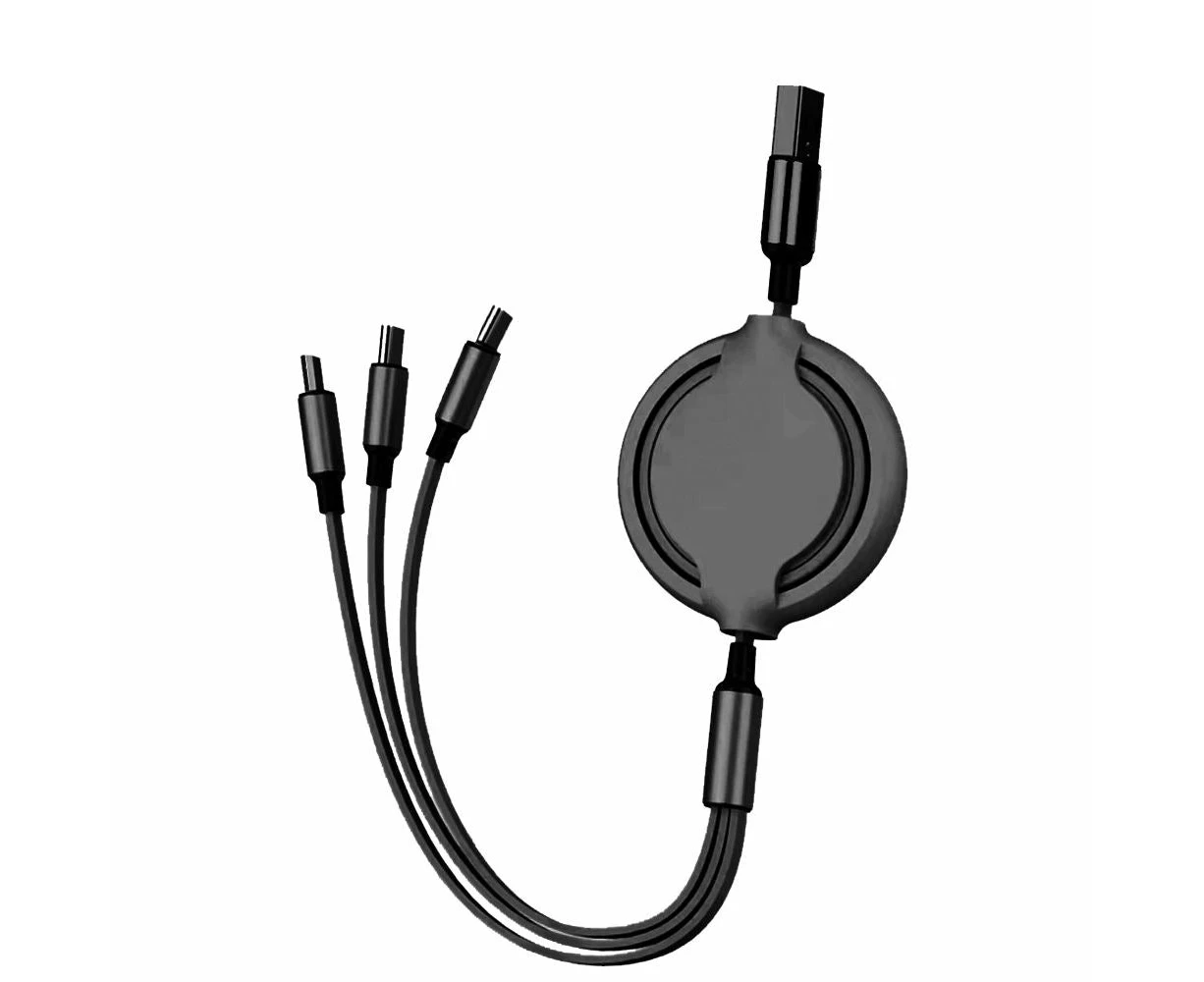 Retractable 3-In-1 Lightning Micro USB Type C Charging Cable - Black