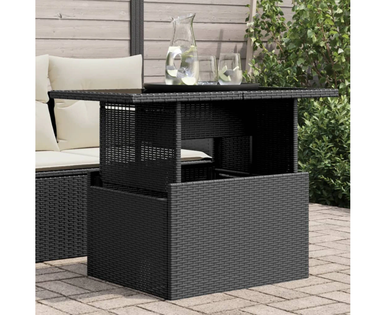 Garden Table with Glass Top Black 100x55x73 cm Poly Rattan