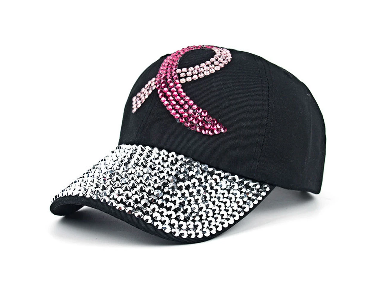 Pink Ribbon Rhinestone Baseball Hat Breast Cancer Awareness Baseball Hat - Black