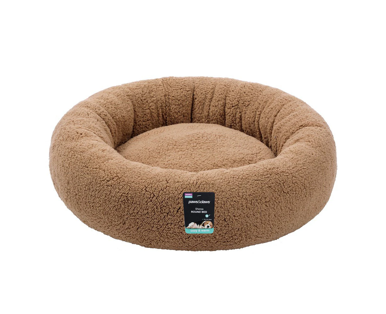 Paws & Claws Sherpa 70cm Round Pet Dog Bed Comfort/Sleeping Cushion Large Camel