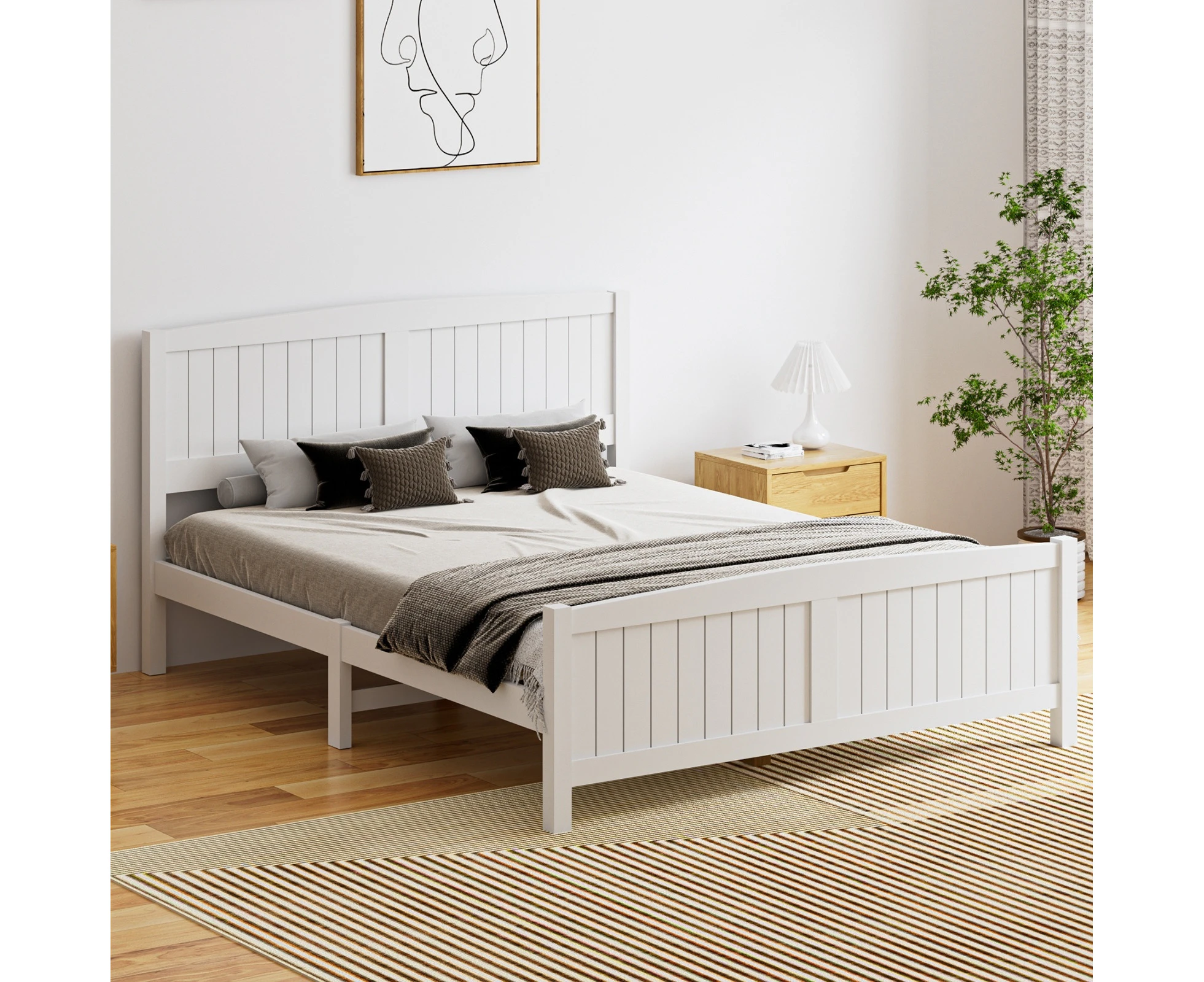 Oikiture Bed Frame Queen Size Wooden Base Timber Platform White