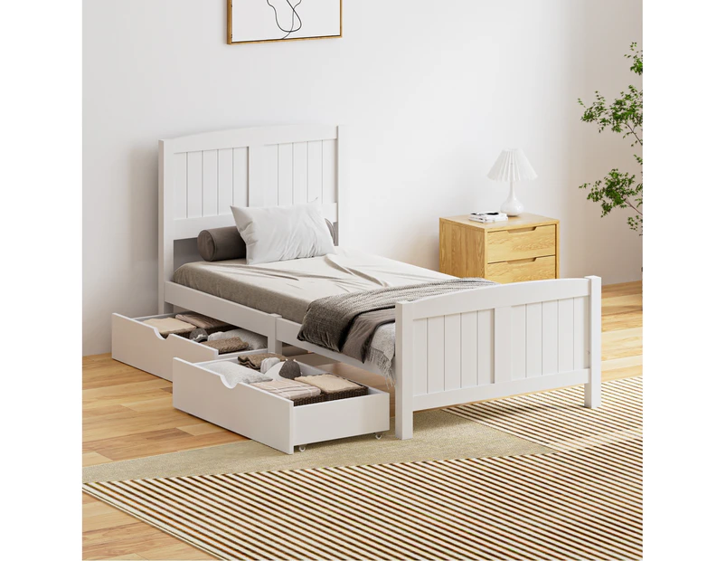 Oikiture Wooden Bed Frame Single Size Base with Storage Drawers White