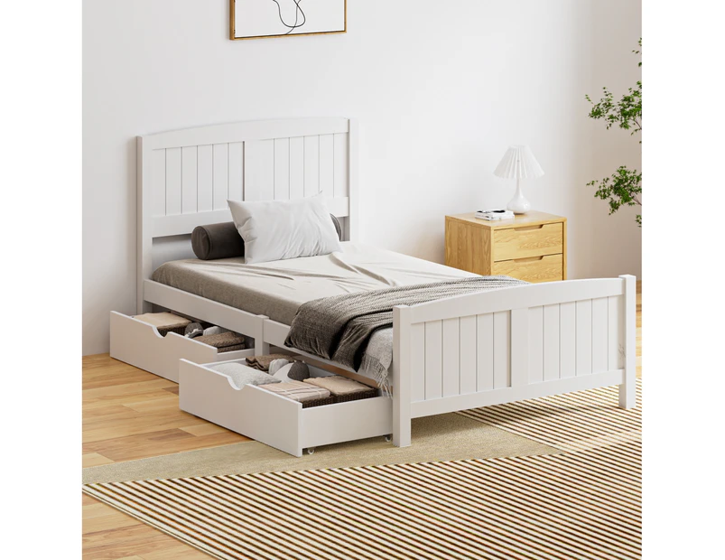 Oikiture Wooden Bed Frame King Single Base with Storage Drawers White