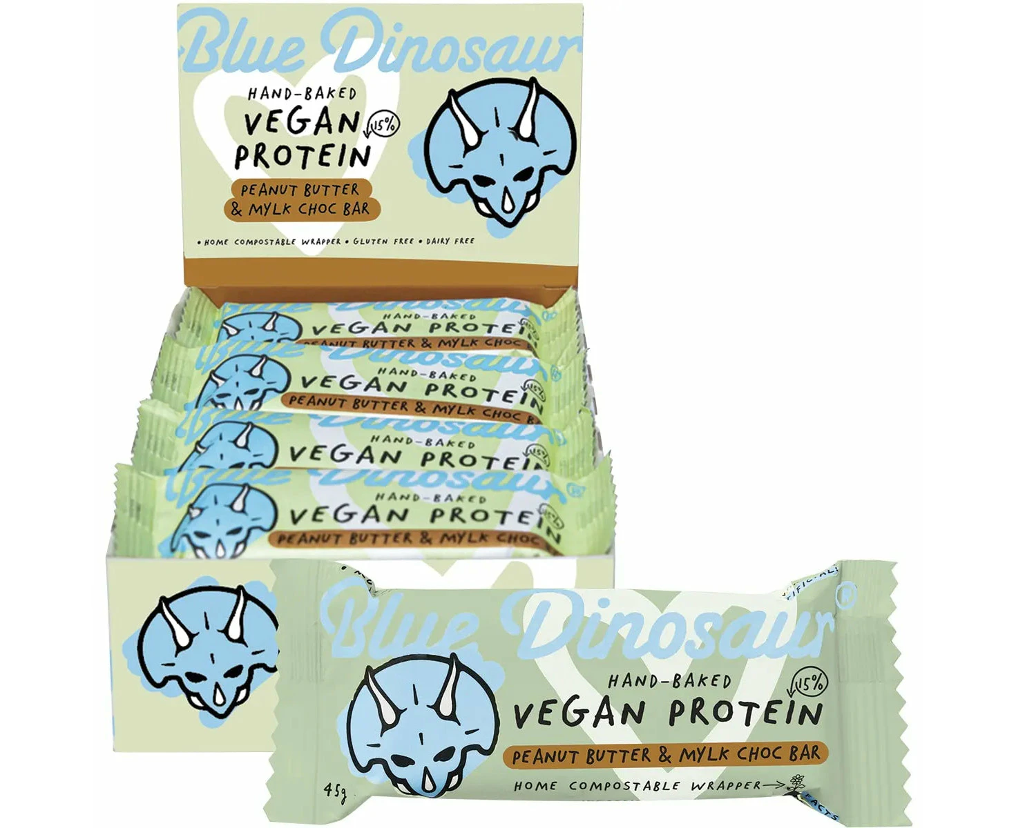 Blue Dinosaur Hand-baked Vegan Protein Bar Peanut Butter & Mylk Chocolate 45g 12 Pack