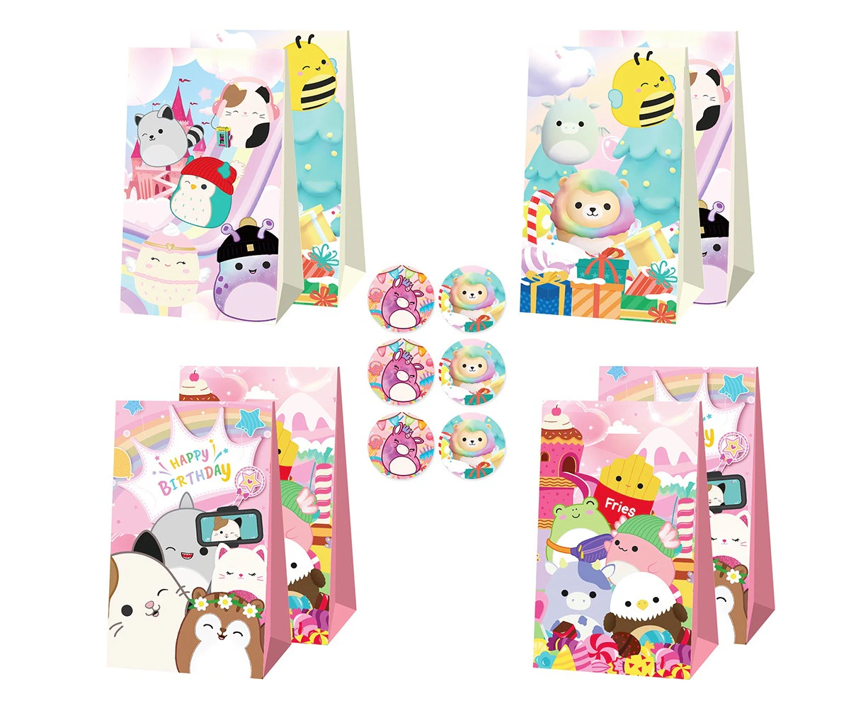 12PC Squishmallows Paper Loot Bag & Stickers Gift Bag Kids Birthday Supplies Decorations