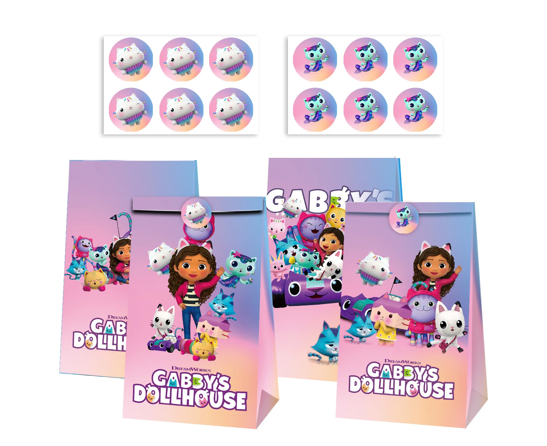 New Gabbys Dollhouse Paper Lolly Loot Bag & Stickers Gift Bag Kids Birthday Supplies Decorations 12PC