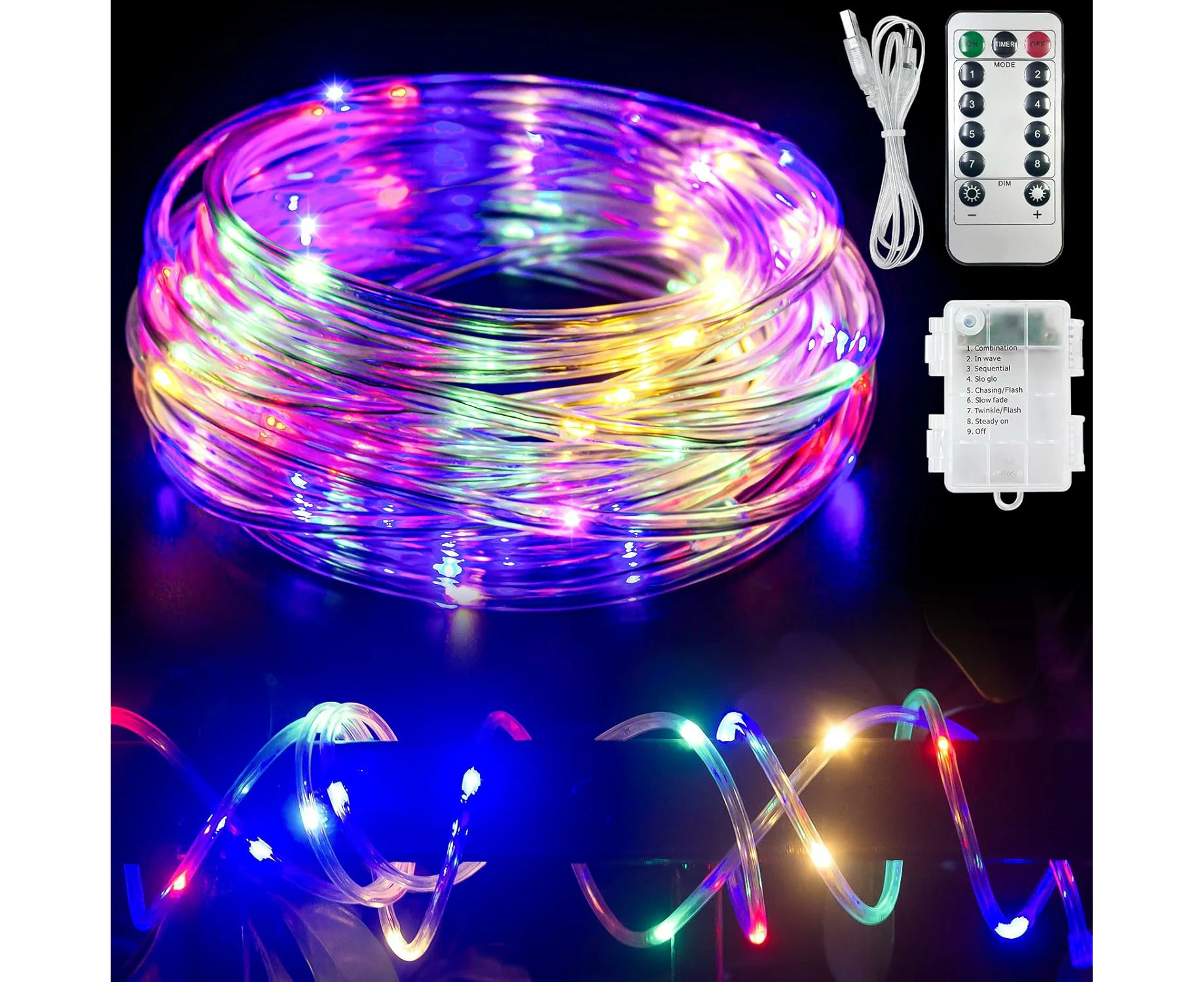 MKK 100 LED Rope Lights, 33ft Battery Operated, 8 Modes