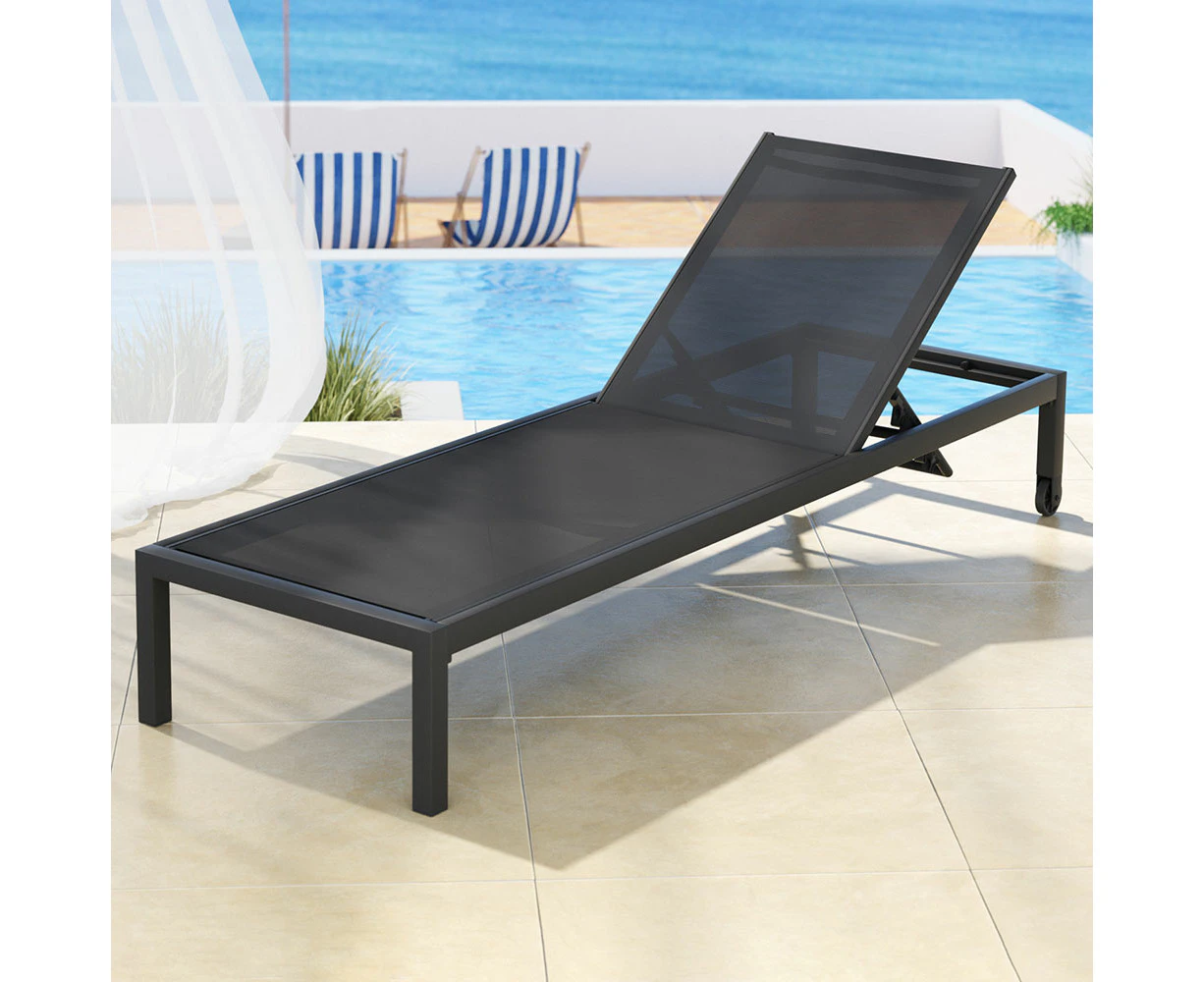 Gardeon Sun Lounge Outdoor Lounger Aluminium Folding Beach Chair Wheels Black