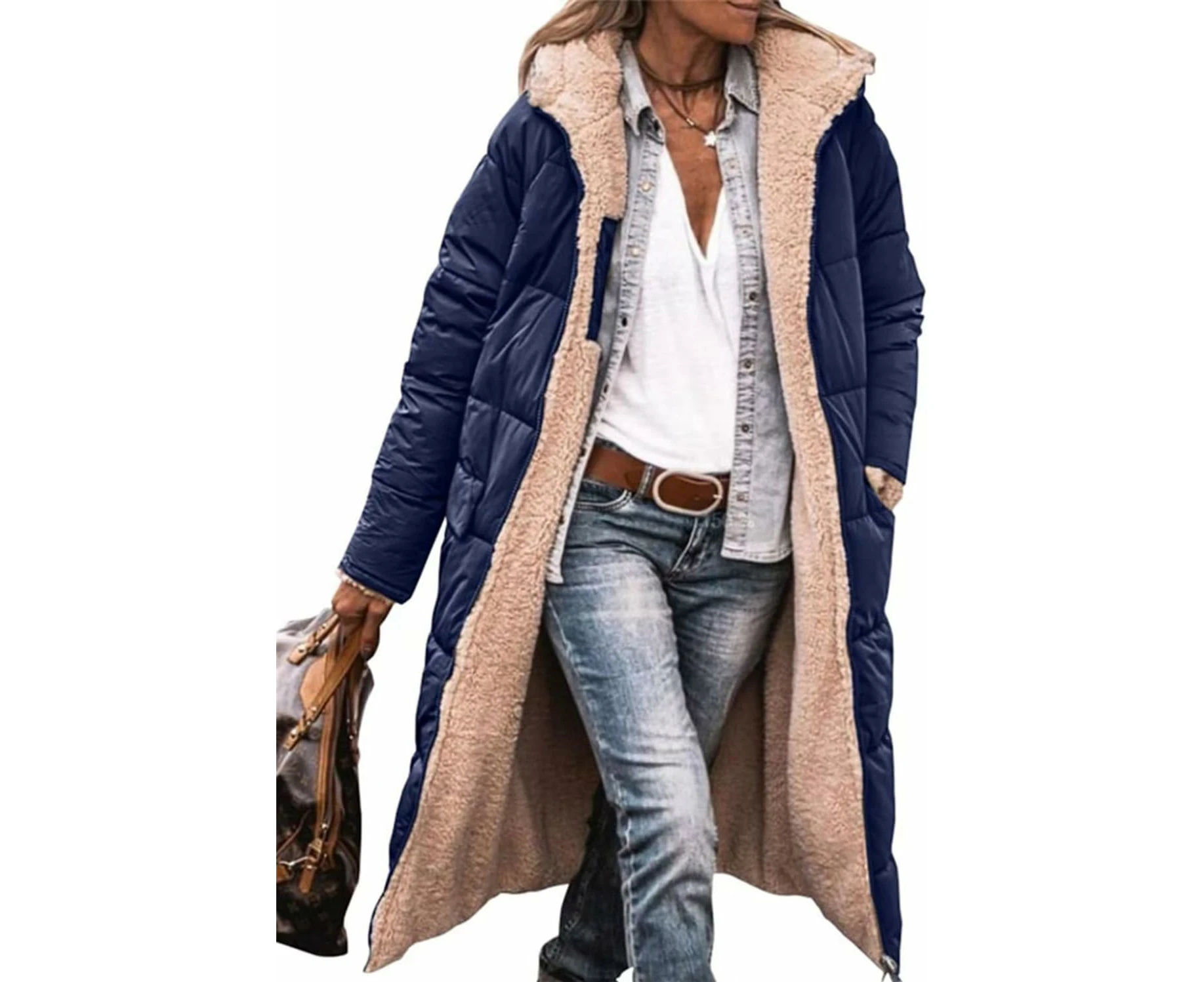 Women's Winter Coat Reversible Long Sleeves Fleece Jacket Outdoor Jacket Quilted Jacket Hood Outerwear-dark blue