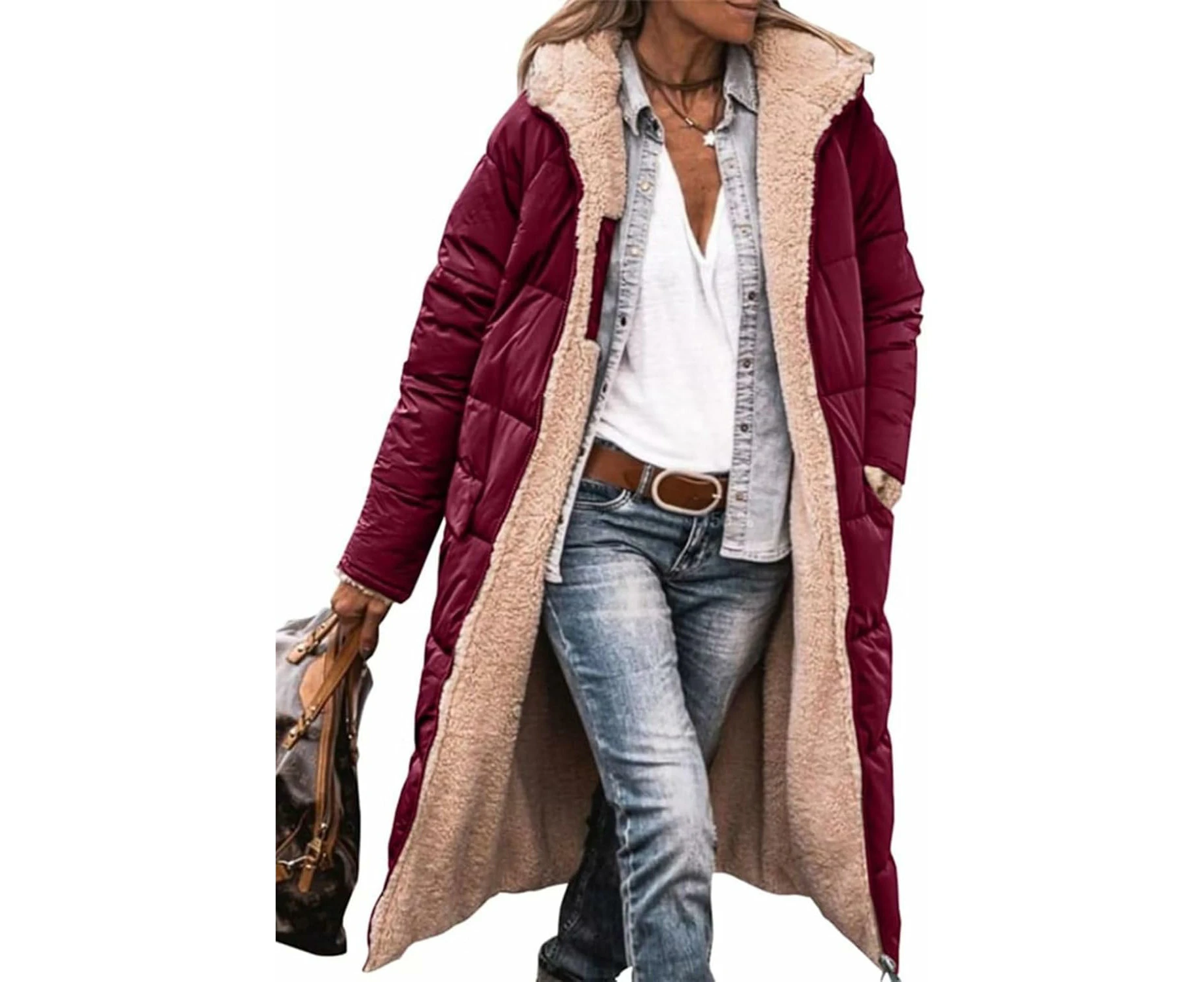 Women's Winter Coat Reversible Long Sleeves Fleece Jacket Outdoor Jacket Quilted Jacket Hood Outerwear-wine red