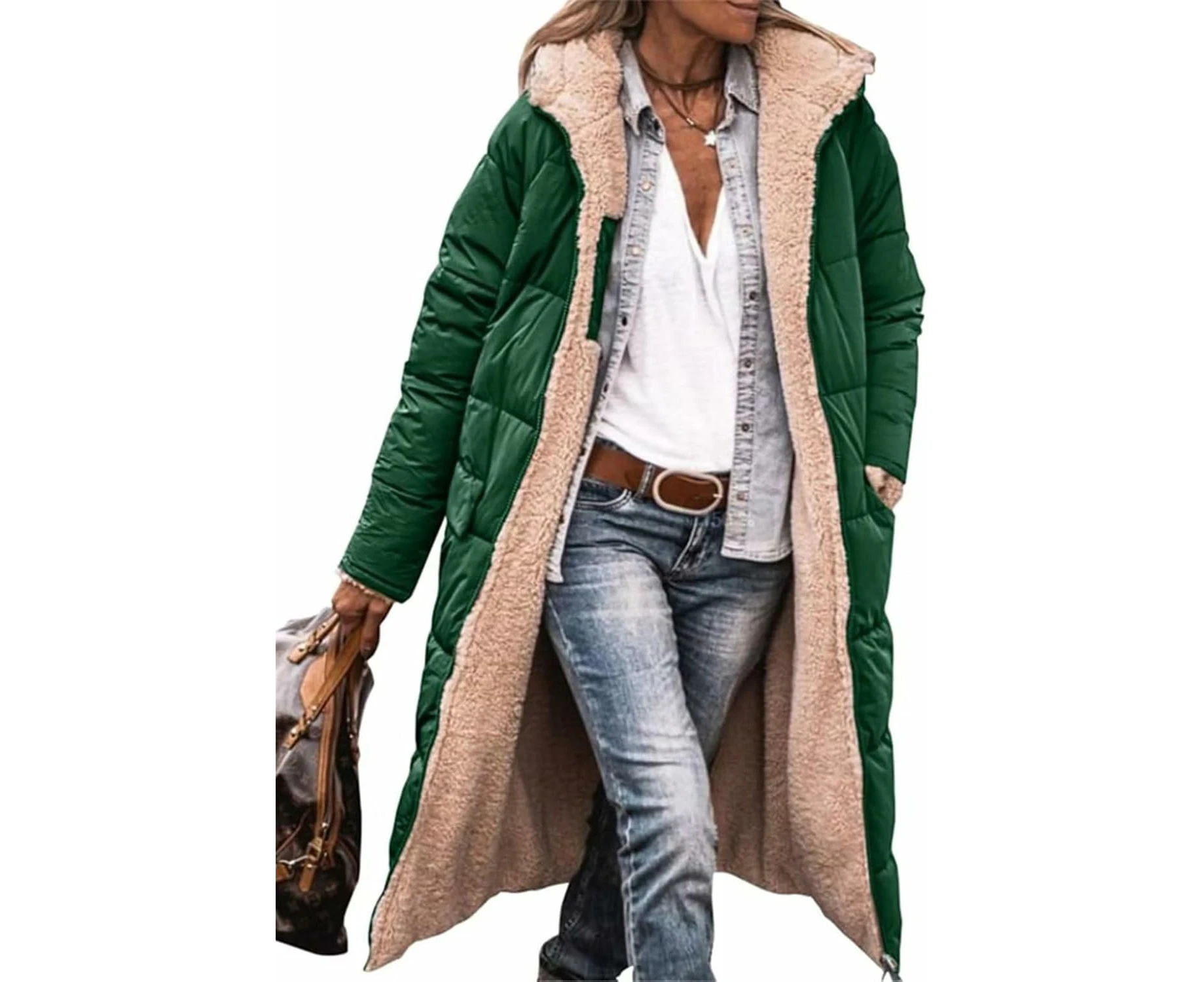 Women's Winter Coat Reversible Long Sleeves Fleece Jacket Outdoor Jacket Quilted Jacket Hood Outerwear-green