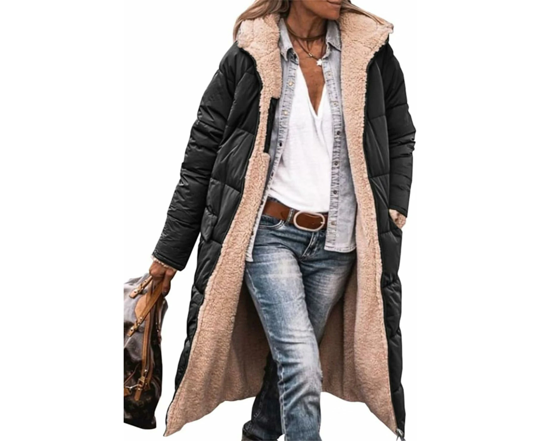 Women's Winter Coat Reversible Long Sleeves Fleece Jacket Outdoor Jacket Quilted Jacket Hood Outerwear-black