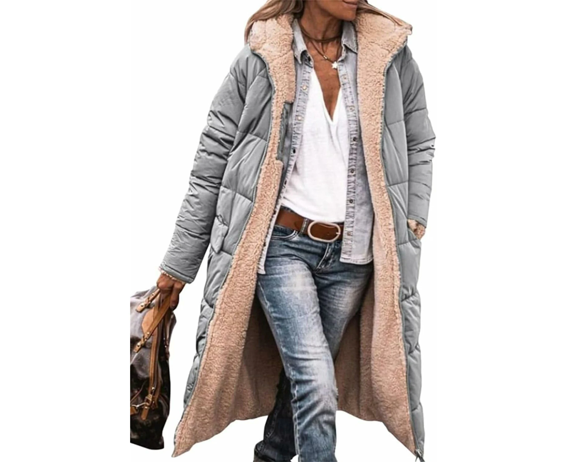 Women's Winter Coat Reversible Long Sleeves Fleece Jacket Outdoor Jacket Quilted Jacket Hood Outerwear-light grey