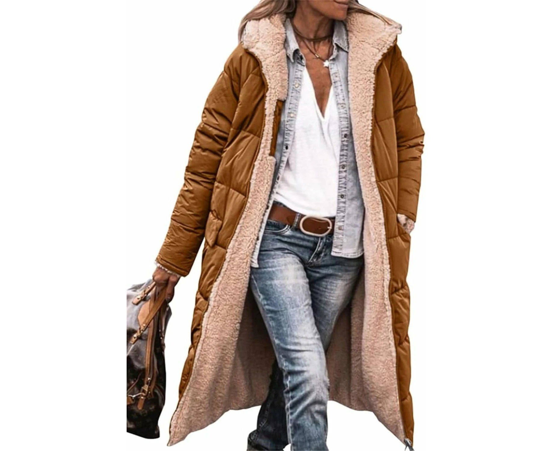 Women's Winter Coat Reversible Long Sleeves Fleece Jacket Outdoor Jacket Quilted Jacket Hood Outerwear-brown