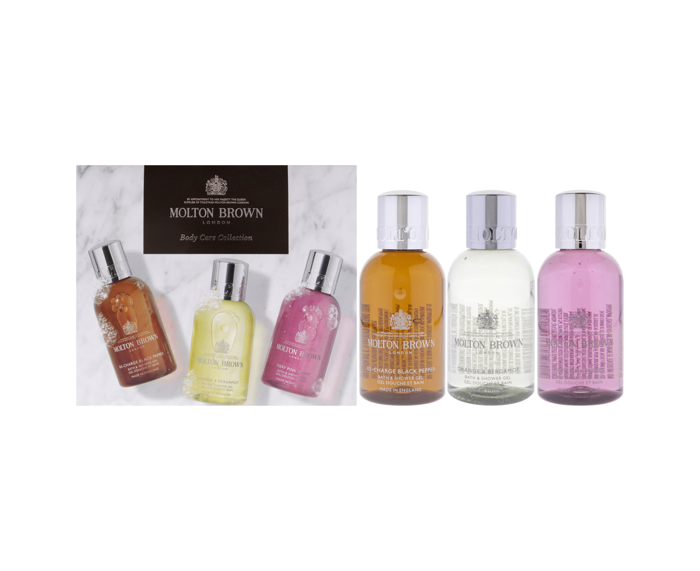 Spicy and Cytrus Body Care Collection Set by Molton Brown for Unisex - 3 Pc 3.3oz Re-Charge Black Pepper Bath and Shower Gel