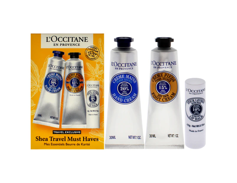 Shea Travel Must Haves Set by LOccitane for Unisex - 3 Pc 1oz Shea Dry Skin Hand Cream, 1oz Shea Dry Skin Foot Cream, 0.15oz Shea Butter Ultra Rich LipBalm