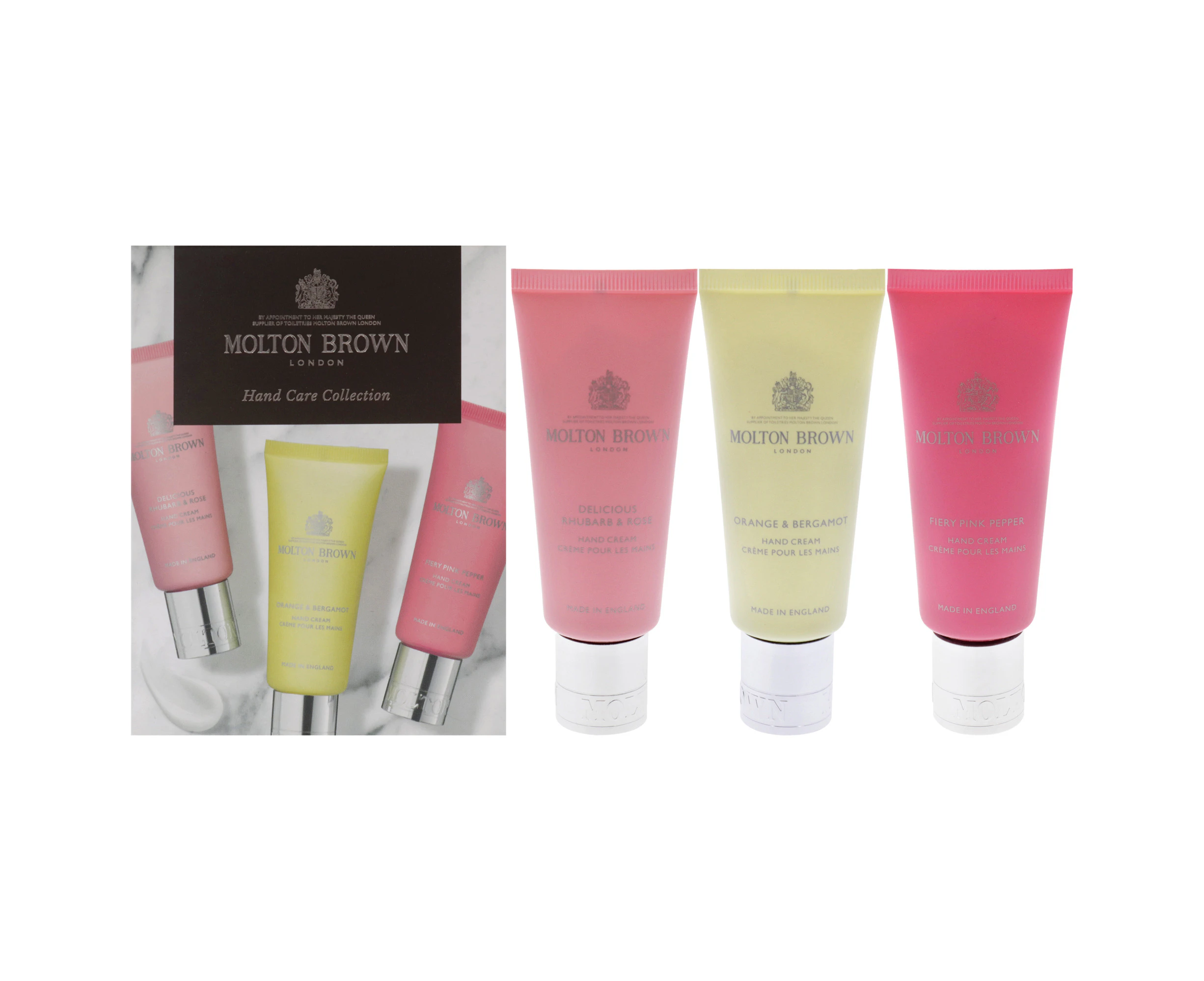 Floral and Spicy Hand Care Collection Set by Molton Brown for Unisex - 3 Pc 1.4oz Delicious Rhubare and Rose Hand Cream